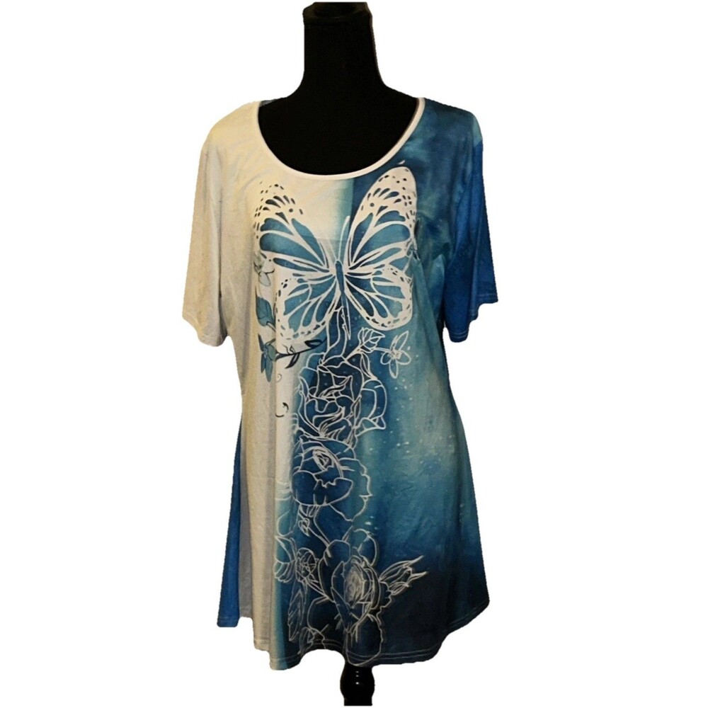 3XL Round Neck Butterfly Print Short Sleeve Pullover White & Blue Tunic Top